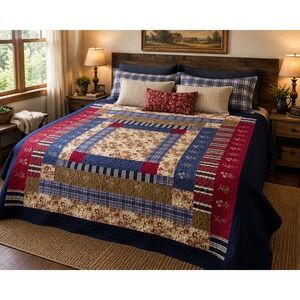 Vintage King Patchwork Quilt Denim Navy Red Plaid Floral Embroidered 102x90